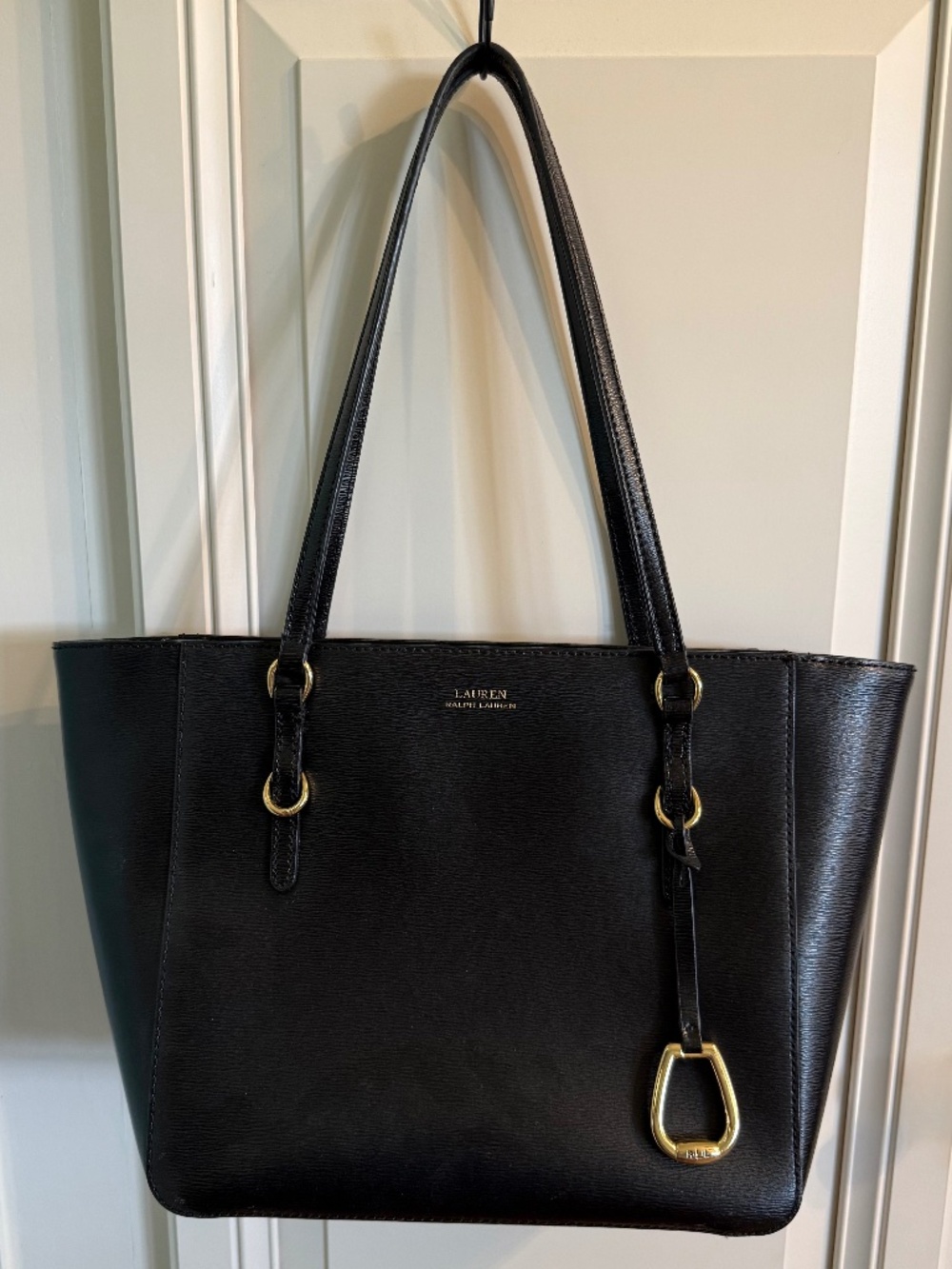 Lauren Ralph Lauren Black Leather Tote Shoulder Bag Gold Hardware